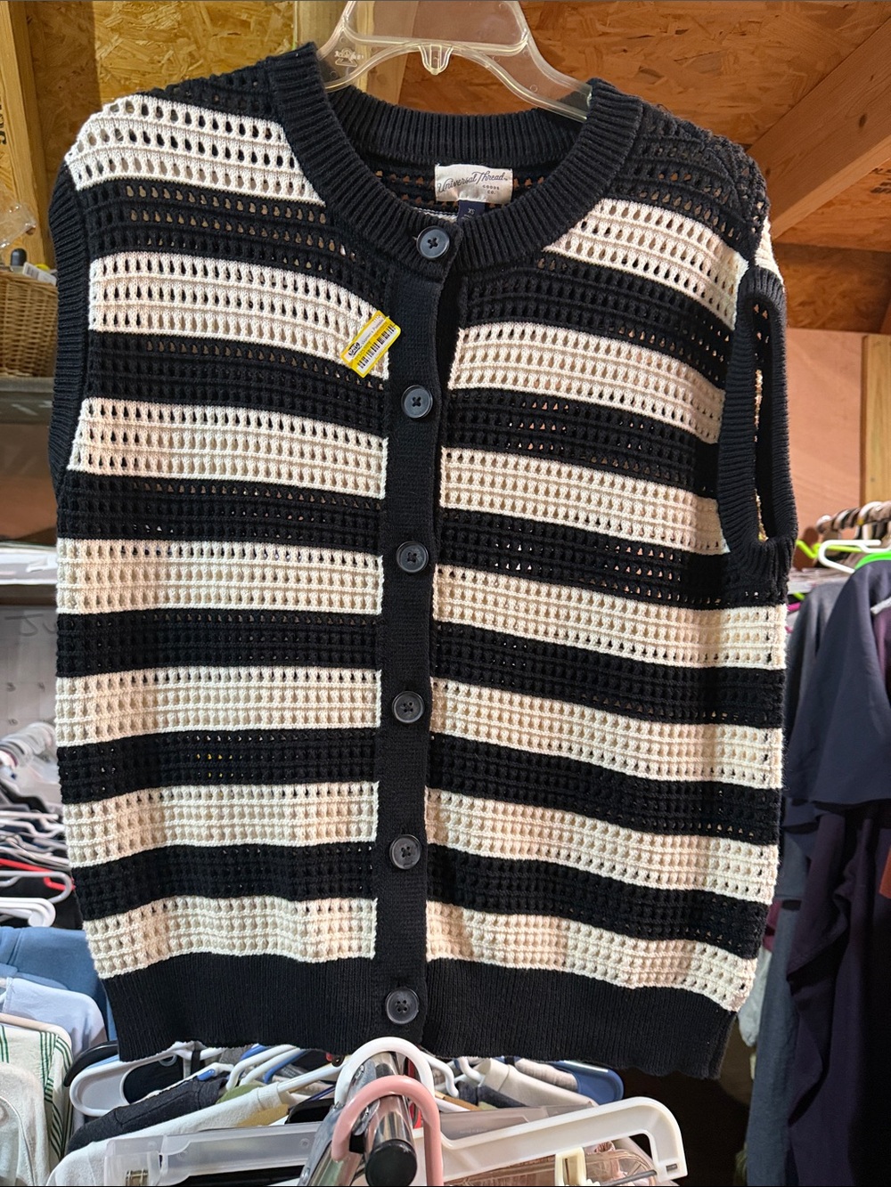 Universal Thread Black and Cream Striped Crochet Button-Front Sweater Vest
